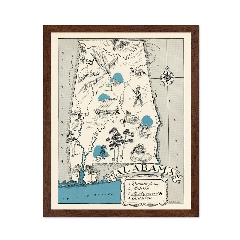 Carte illustrée de l'Alabama, Affiche, H 08 po x l 10 po, Encadrement brun