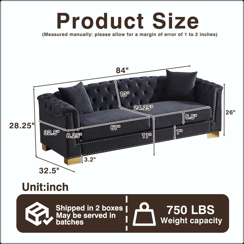 Canapé Chesterfield classique 84 po en velours 3 places avec têtes de clous dorées, Noir + velours bleu