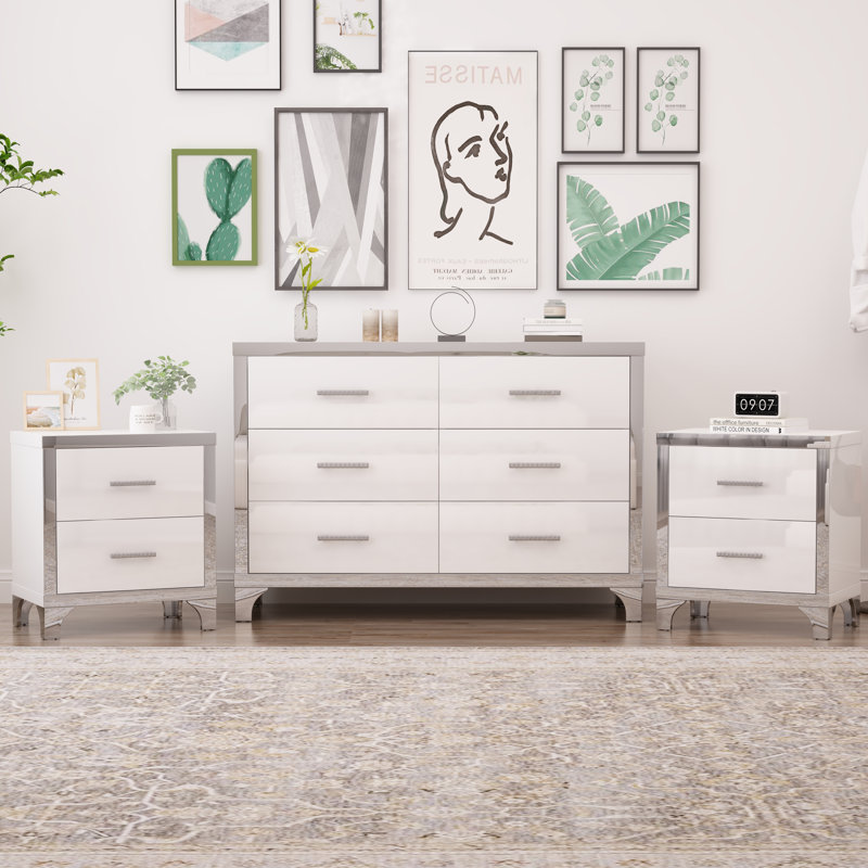 Ensemble de chambre à coucher 3 pièces avec commode à 6 tiroirs 47,2 po et 2 tables de chevet avec 2 tiroirs