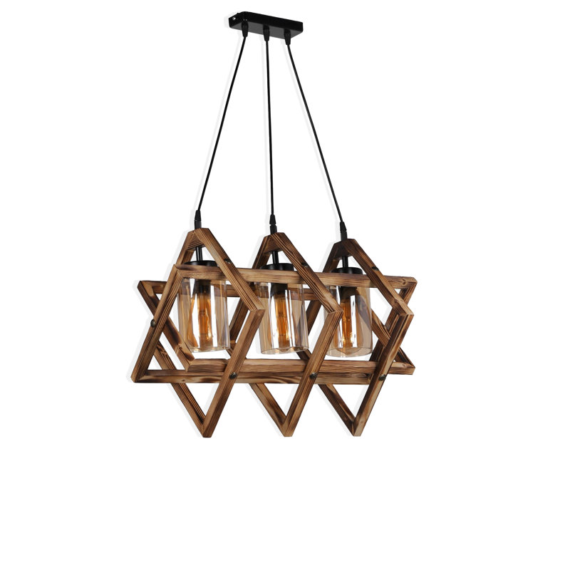 Lustre géométrique en bois à hauteur ajustable avec capuchon en verre