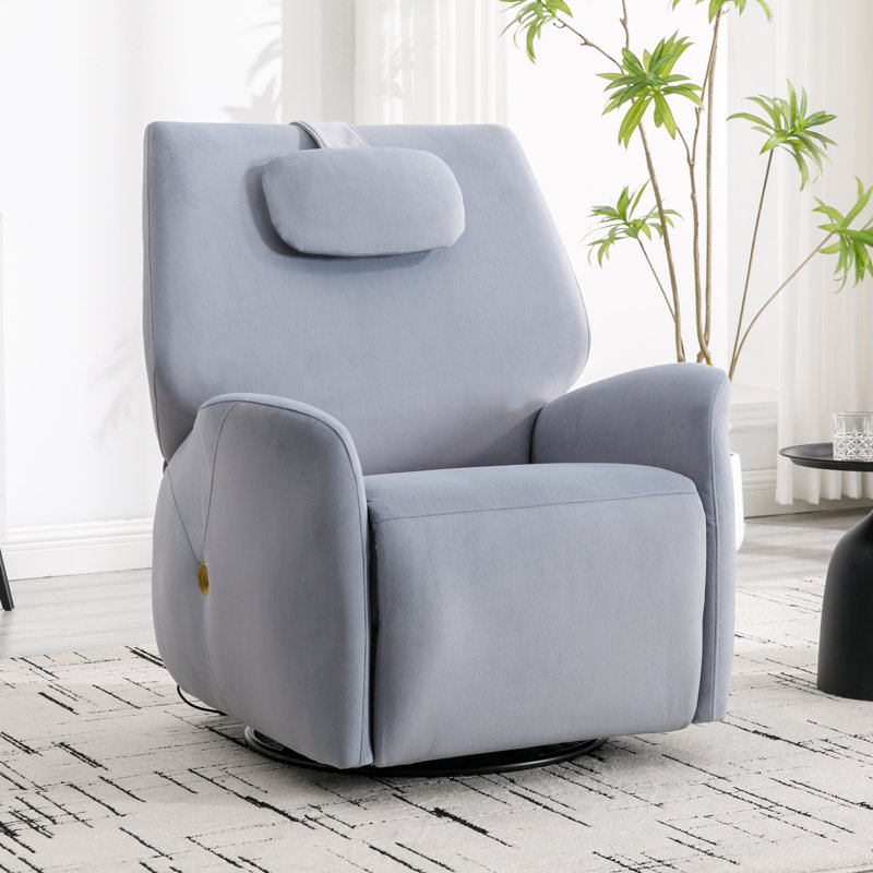 33.85'' W Power Recliner Swivel Rocker Fabric Recliner with Headrest with Hidden Buttons  USB & Type C Ports, Blue-Gray