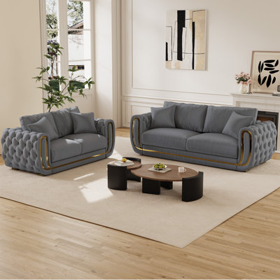 2 Piece Modern Silver Wire Velvet Sofa with Gold Accent Design