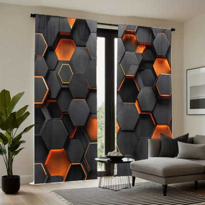 2PCS Modern Hexagon Geometric Pattern Light Filtering Curtains with Glow Effect, Sleek Design, Easy Hang Rod Pocket, All-Season for Home Living Room Bedroom Dormitory Decoration
