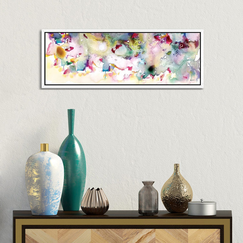 Magenta Field by Hodaya Louis - Panoramic Painting on Canvas, White Framed, 30.48 cm H x 91.44 cm W