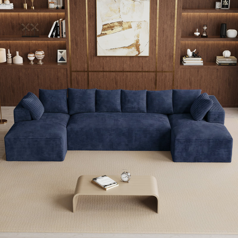 Canapé d'angle surdimensionné sans ossature et à compression de 131 pouces avec coussins, Bleu, En form de U