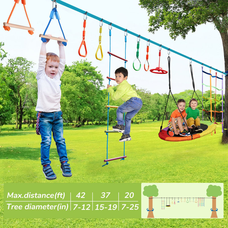 Multicolor 50ft Ninja Warrior Obstacle Course with Saucer Swing