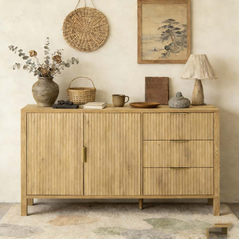 Buffet moderne à motif de vagues avec 3 tiroirs, Naturel