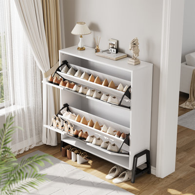 Shoe Cabinet With 2 Flip-Down Drawers – Freestanding Adjustable Narrow Shoe Rack With Metal Legs