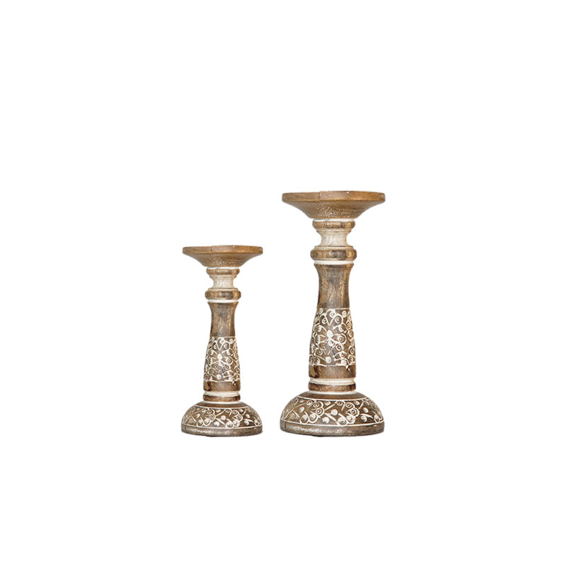 Ensemble de chandelles de table en bois 2 pièces, Blanc, 2