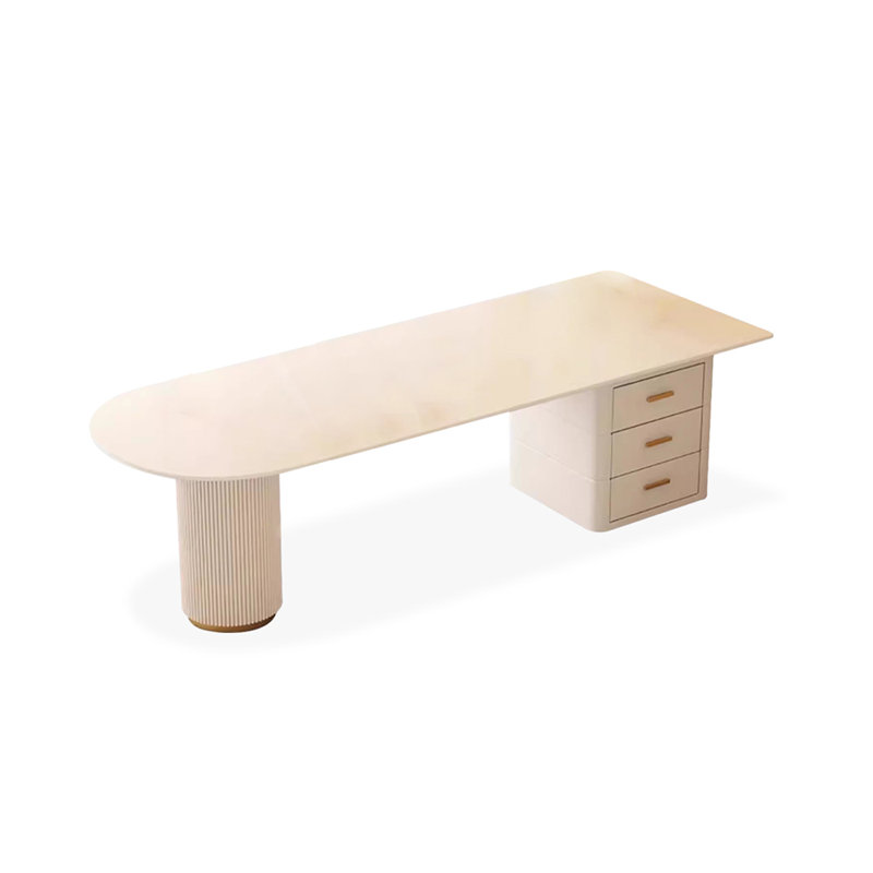 White Half-circle Sintered Stone+Manufactured Wood with 3 drawers desk, 29.53" H x 78.74" W x 31.5" D