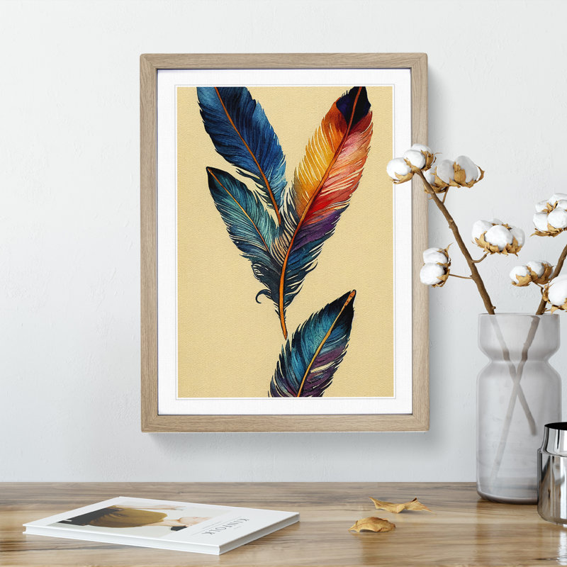 Delicate Feathers - Single Picture Frame Print, 46cm H x 34cm W x 2cm D, Oak
