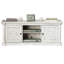 Console de style chalet antique blanc avec plusieurs tiroirs, tablettes ouvertes et X-Design pour une élégance rustique et un rangement