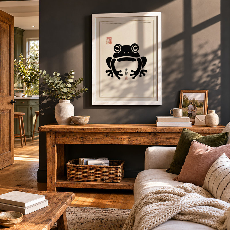 Symmetrical Frog with Seal Japandi - Framed Print, A2 - 59.4 x 42.0 cm, White