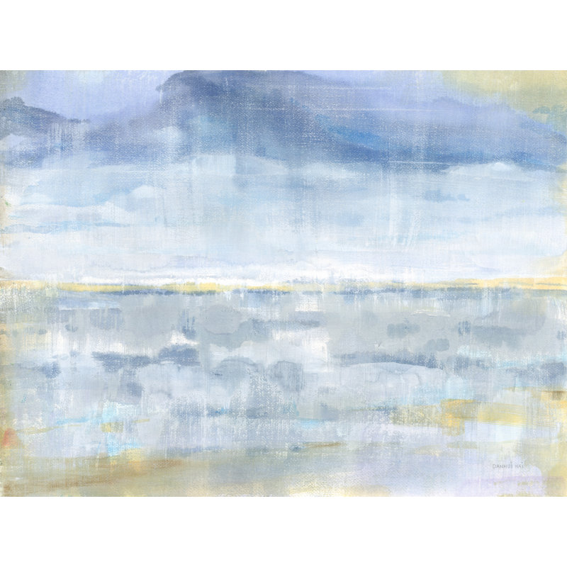 Pluie sur un horizon abstrait, gris, bleu, cyan, or, doux, H 24 po x l 36 po x P 1,5 po