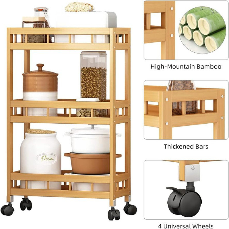 Tablette en bambou à 3 niveaux avec roulettes - Organisateur de cuisine et de rangement mobile