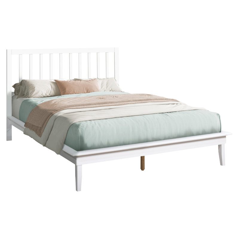 Queen Size Platform Bed Frame, Contemporary Modern Design, White Wood Frame And Legs, Open 12 Wooden Slats For Mattress Comfort, Easy Assembly Process, 600 Lbs Capacity A Good Placement, Simple To