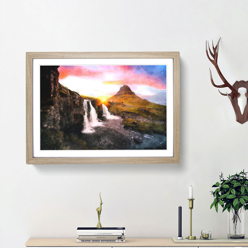 Kirkjufell Waterfalls and Mountain - Picture Frame Painting Print, Oak Framed, 24cm H x 33cm W x 2cm D