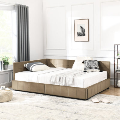 Lit double en bois d'eucalyptus - Revêtement en velours avec rangement pratique, brun pour chambre à coucher et salon