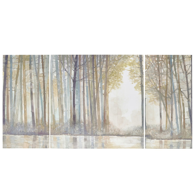 Tableau sur toile « Étang forestier » - 3 pièces avec système d'accrochage facile. Décorez vos murs avec ce paysage serein et ses équipements.
