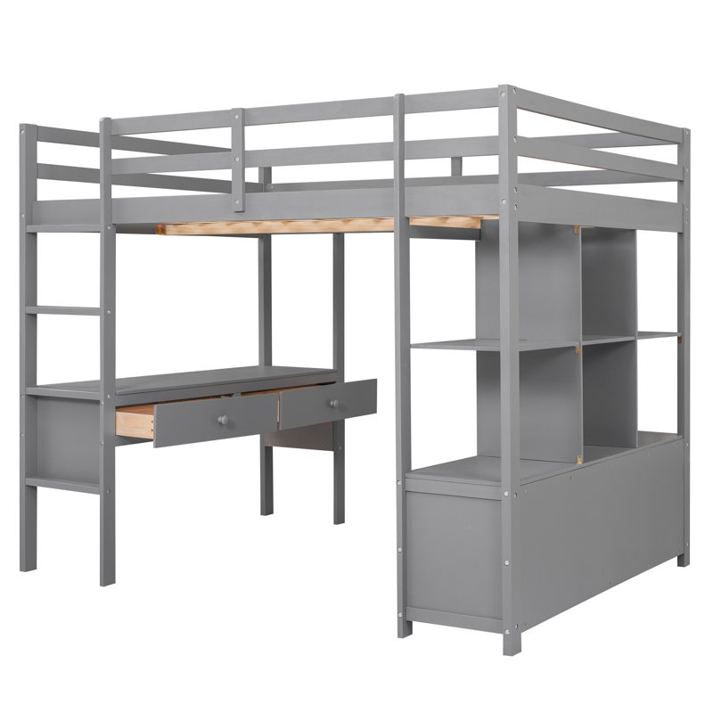 Erjon Kids Loft Bed with Drawers, Gray, Full