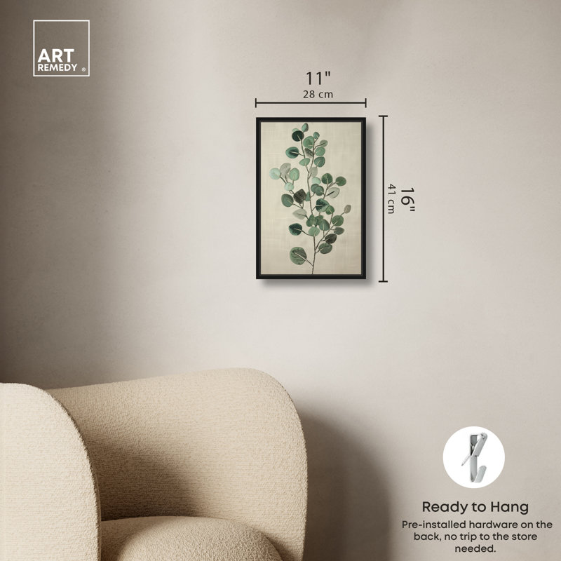 Eucalyptus brodé, impression d'art botanique par Art Remedy, Cadre noir, H 16 po x l 11 po