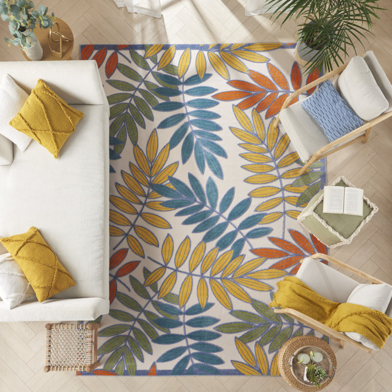 Leonhardt Floral Green/Blue/Yellow/Orange Indoor/Outdoor Area Rug, Rectangle 10' x 14'