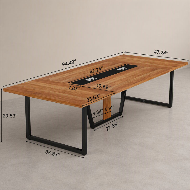 Grande table de conférence moderne avec gestion des câbles et pieds en métal robustes pour les espaces de réunion de bureau professionnels (seul le bureau inclut)