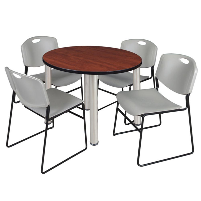 Plateau de table Kee, 4 chaises empilables Zeng, Gris, Cerisier / chrome, H 29 po x l 36 po x P 36 po