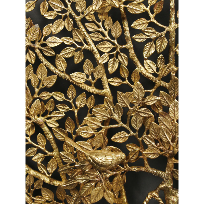 Arbre en laiton de 27,7 po avec oiseaux perchés et support à racines - Sculpture d'arbre de vie faite à la main pour le salon