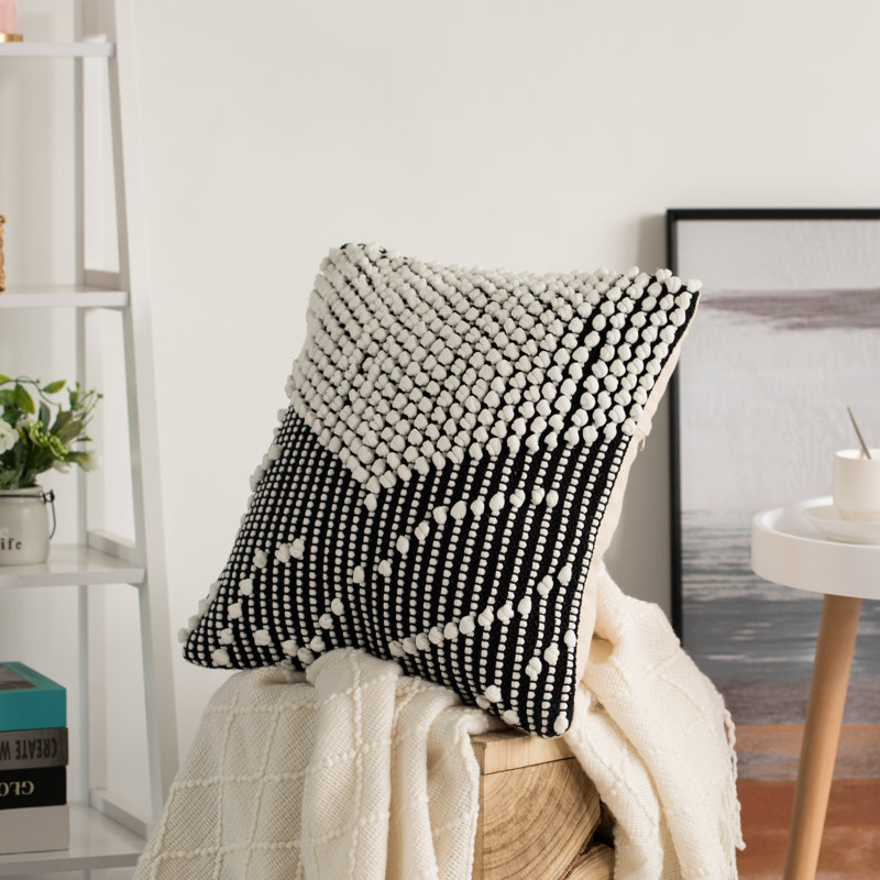 16'' Black and White Handwoven Cotton Throw Pillow