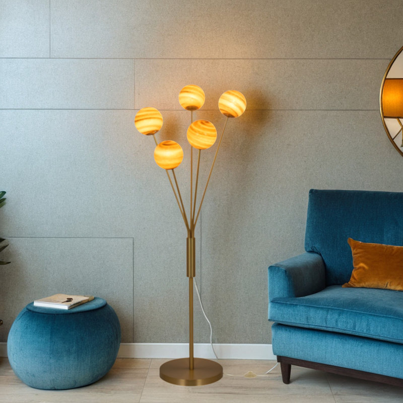 5-Light Metal LED Floor Lamp, Brown, Polished Brass