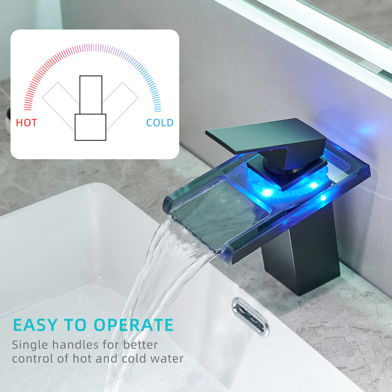 Robinet de lavabo de salle de bain à 3 couleurs variées, bec cascade, mélangeur d'eau froide, robinet de plomberie noir à une poignée à fixation sur le comptoir, transformateur, lavabo