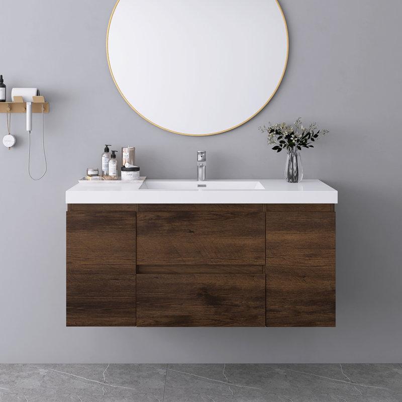 48 Inch Rose Wood Color Integrated Basin Wall Mounted Bathroom Cabinet, Rose Wood