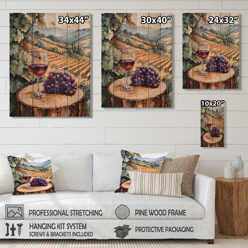 Vignoble avec verre de raisin en Provence III - Impression sur bois de vignoble - sur bois de pin naturel