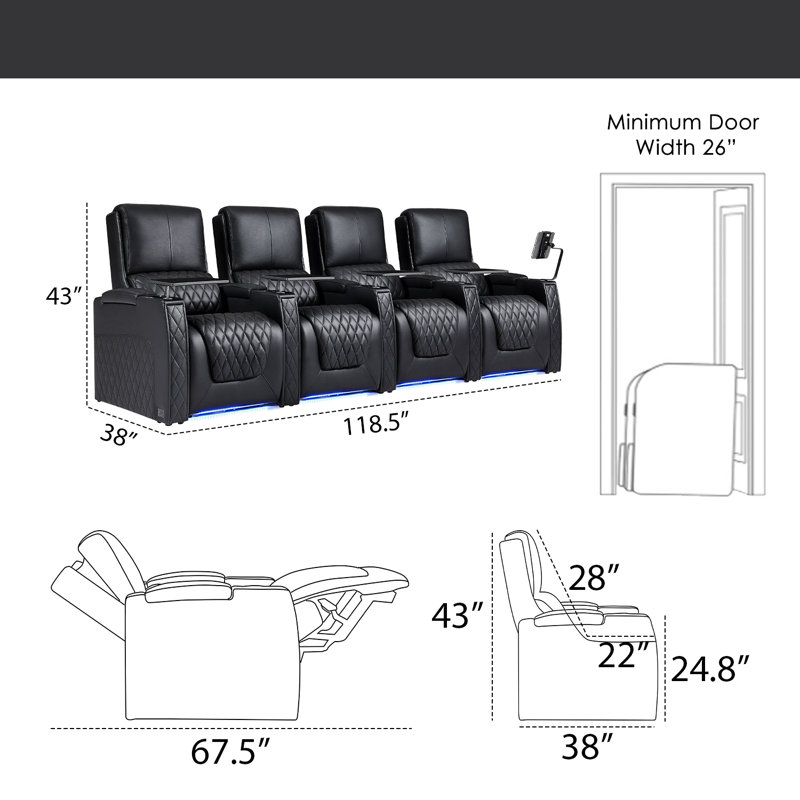 Canapé inclinable électrique Haiylee , Cuir véritable noir