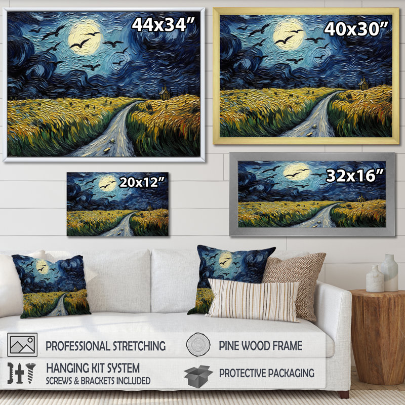 «Vangogh Cornfield with Crows», encadré sur toile par Vincent Van Gogh, peinture, H 34 po x l 44 po, Cadre flottant doré