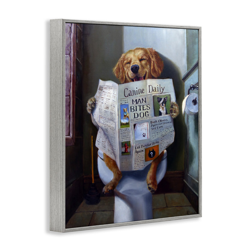Dog Reading the Newspaper On Toilet Funny Painting Grey Farmhouse Rustic Oversized Framed Giclee Texturized Art by Lucia Heffernan