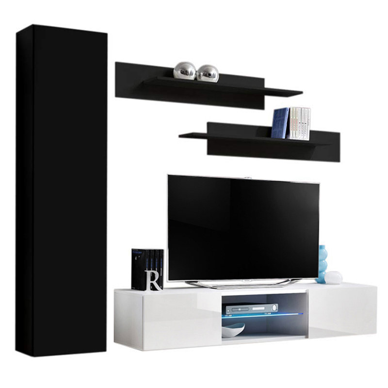 85" Modern Floating Wall Mounted Entertainment Center with 16-Color LED Lighting, High Gloss Finish, Black/White