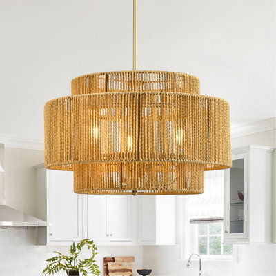 Boho Rattan Chandelier, 3-Light Rustic Modern Ceiling Light Fixture Pendant Lamp for Dining Room, Living Room, Bedroom, Kitchen Island ((E12 Bulbs Not Included))