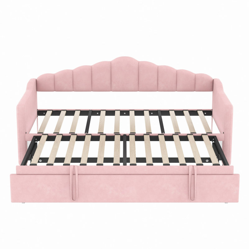 Daybed, Upholstered, With Adjustable Height Pop Up Trundle  Bed And USB & Type-C Charging Port, Day Bed Frame With 2 Side Pockets, No Box-Spring Needed