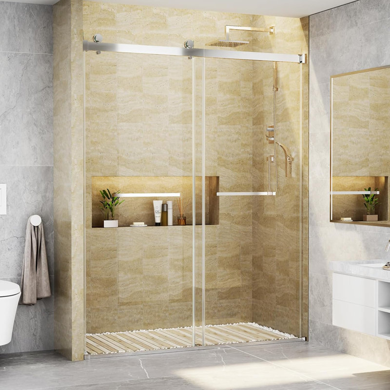 56"-60" W X 76" H Double Sliding Frameless Shower Door With 5/16-in (8mm) Tempered Glass, Stainless Steel Accessories Chrome