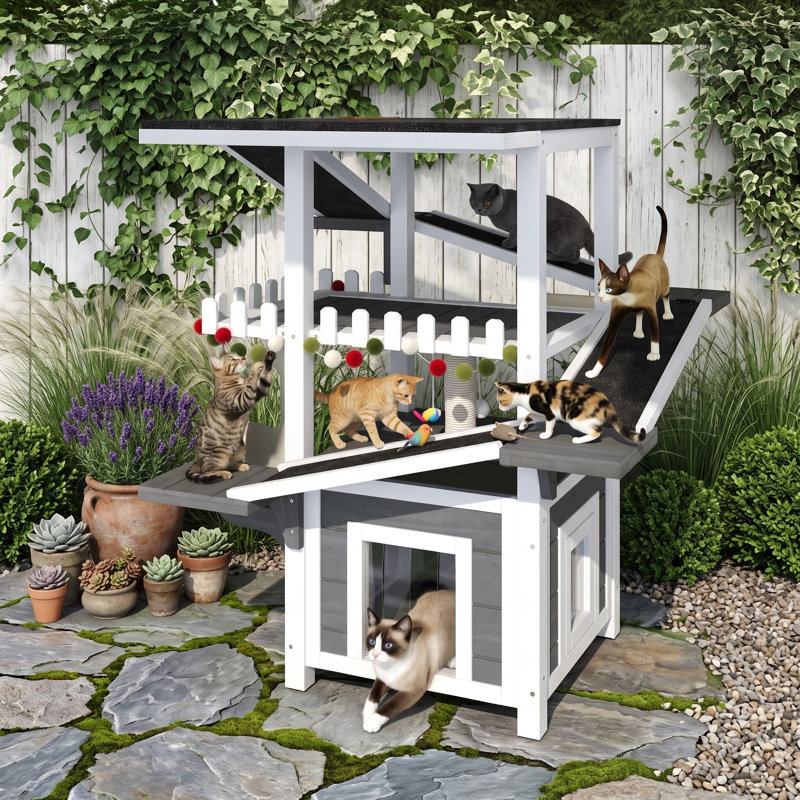 Maison extérieure pour chats avec abri couvert, rampes d'escalade et espaces interactifs, Gris blanc