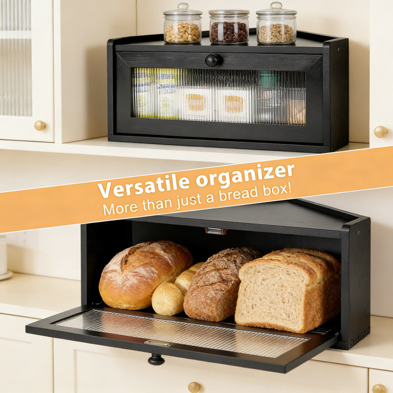 Boîte à pain en bois avec fenêtre pour comptoir de cuisine, contenant de rangement de pain d'angle avec évents de circulation d'air, joint magnétique et conception empilable pour plus de fraîcheur et d'économie d'espace