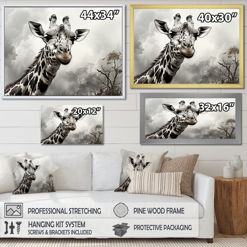 " Beige Giraffe Classic Elegance II ", 12" H x 20" W x 1" D, Black Single Picture Framed