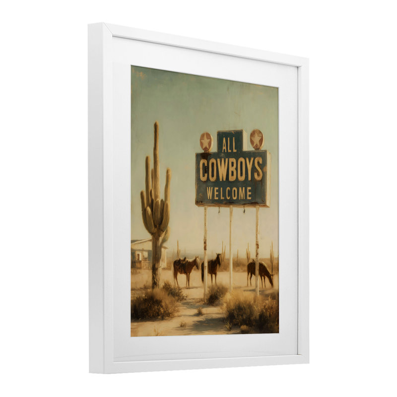 All Cowboys Welcome Desert, reproduction encadrée sous verre, design par Arlington Prints, 16 x 13