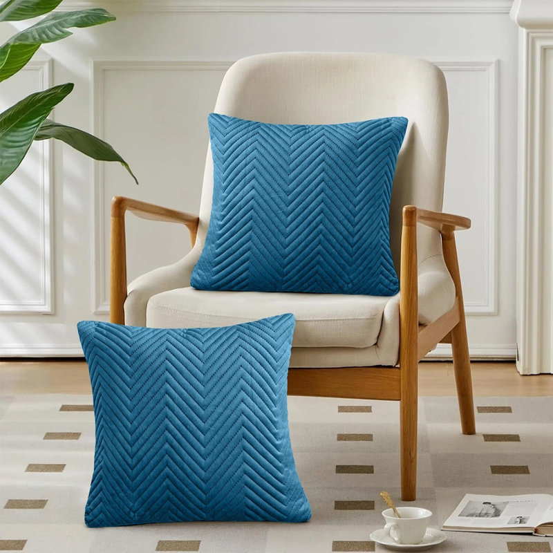 Luxury Velvet Cushion Covers Set of 2 - Embossed Quilted Chevron Cushion Cases for Sofa & Bed Décor , Teal