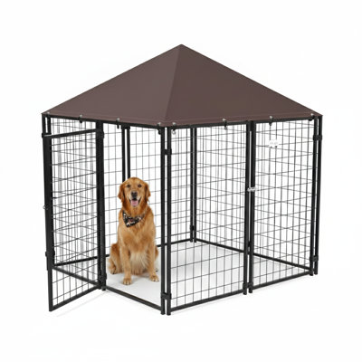 Enceinte d'extérieur pour chien mesurant 5 pieds par 5 pieds par 5 pieds, aire de jeu pour animaux de compagnie, fabriquée en acier soudé, comprend une housse résistante à l'eau et aux rayons UV, finie en noir de jais.
