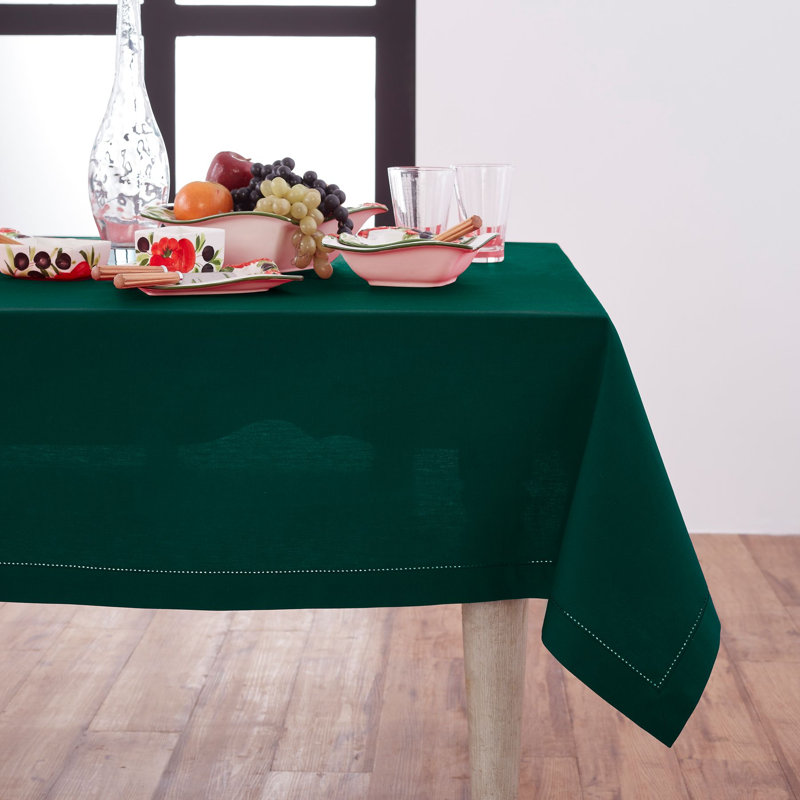 Cotton Linen Hemstitch Tablecloth, Dark Green, 132" x 60"