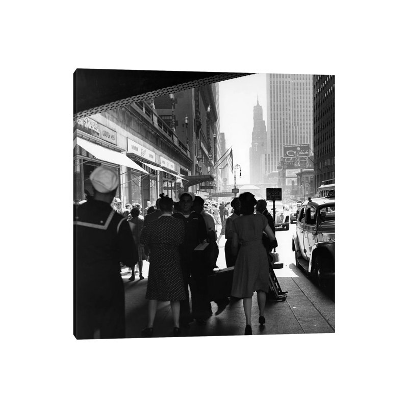 1940s Grand Central Station Men And Women Pedestrians A Sailor In Uniform Taxi And Stores 42nd Street Sidewalk NYC USA - Wrapped Canvas Print