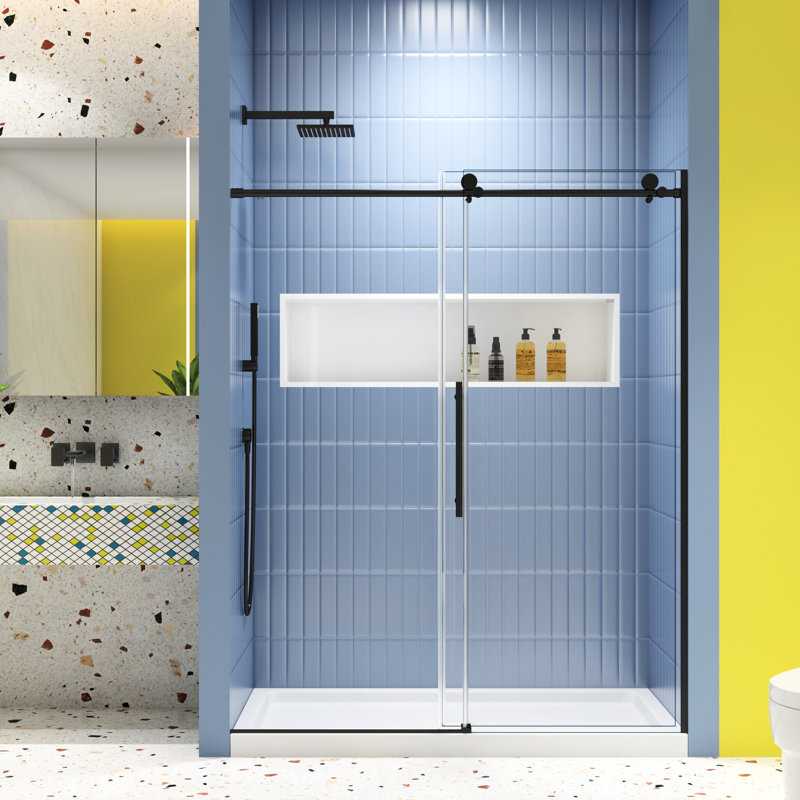 Porte de douche coulissante avec prévention des fuites - Verre trempé 5/16 po, noir mat, 56-60 po x 74 po, noir 56-60 po x 74 po, nécessitant peu d'entretien